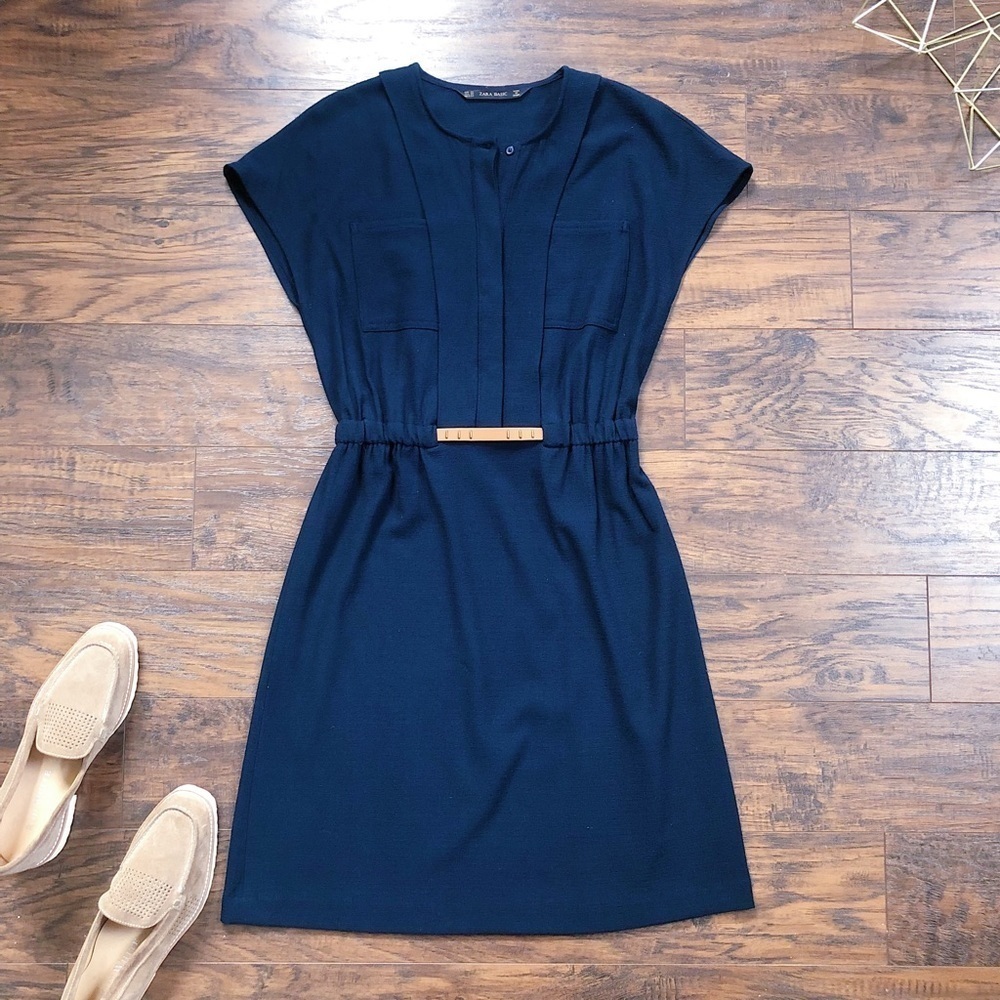 Zara Basic • navy blue dress belted sheath shirtdress button front cap sleeve